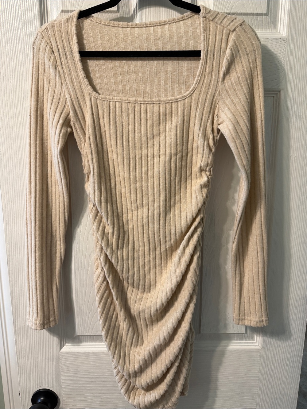 SHEIN Cream Ribbed Long-Sleeve Square Neck Dress